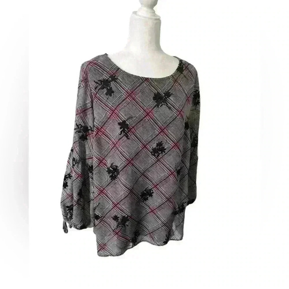 Roz & Ali Women’s Plaid Print Bell Sleeve Blouse | Floral Embroidered | 1X - Picture 1 of 3